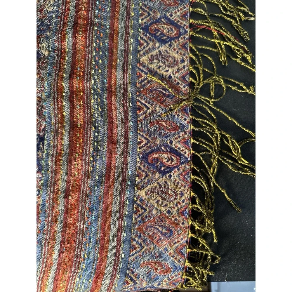 Pashmina Silk Scarf Wrap‎ Shawl Blue Red Paisley Fringe 55% Pashmina 45% Silk